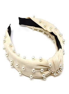 Yueton Women Faux Pearl Headbands Twisted Cross Knot Velvet Headbands Elegant Bling Hair Band Hairpins Headwear Barrette Styling Tools Accessories Creamy White  - Image 3