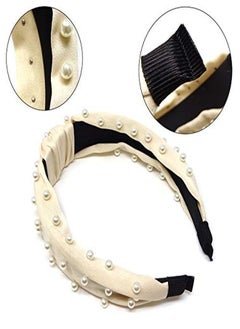 Yueton Women Faux Pearl Headbands Twisted Cross Knot Velvet Headbands Elegant Bling Hair Band Hairpins Headwear Barrette Styling Tools Accessories Creamy White  - Image 2