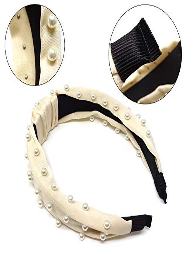 Yueton Women Faux Pearl Headbands Twisted Cross Knot Velvet Headbands Elegant Bling Hair Band Hairpins Headwear Barrette Styling Tools Accessories Creamy White - Image 2