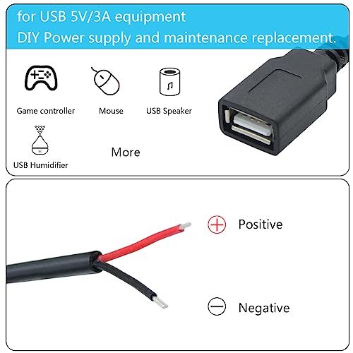 Maixbomr 2Pcs USB A Female Plug 2Pin Bare Wire,1M/3FT USB 2.0 Female Pigtail Open End Power Cable 22AWG,for 5V/3A USB Equipment Installed or DIY Replace Repair Cable - Image 3