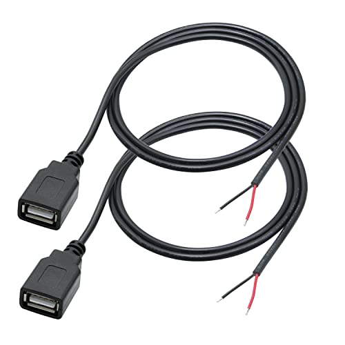 Maixbomr 2Pcs USB A Female Plug 2Pin Bare Wire,1M/3FT USB 2.0 Female Pigtail Open End Power Cable 22AWG,for 5V/3A USB Equipment Installed or DIY Replace Repair Cable - Image 1