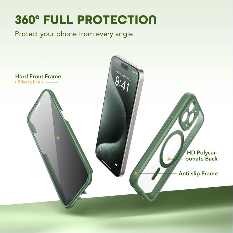 TIESZEN for iPhone 15 Pro Max Case, Compatible with MagSafe, Built-in Privacy Screen Protector and Camera Protection, Anti Spy Full Body Dustproof Shockproof Hard Phone Case 6.7", Pine Green - Image 3