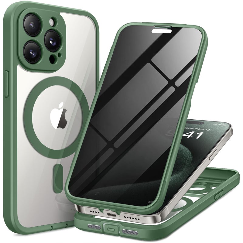 TIESZEN for iPhone 15 Pro Max Case, Compatible with MagSafe, Built-in Privacy Screen Protector and Camera Protection, Anti Spy Full Body Dustproof Shockproof Hard Phone Case 6.7", Pine Green - Image 1