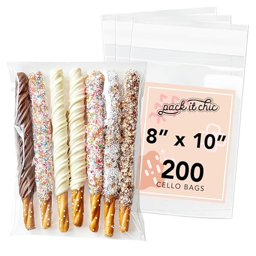 Pack It Chic - 8” X 10” (200 Pack) Clear Resealable Cello Poly Bags - Candy, Treats, and Party Favors - Self Seal - Image 1