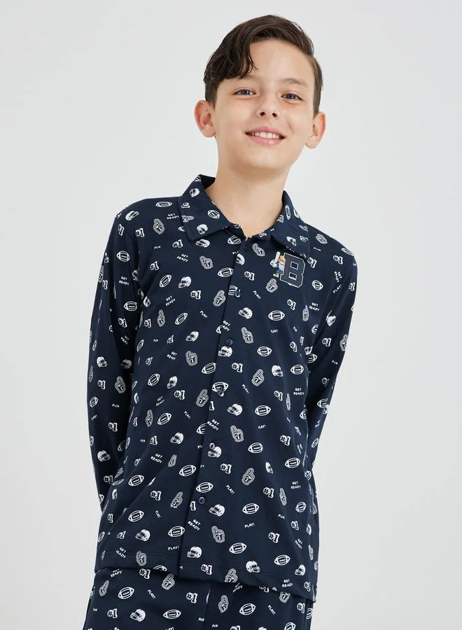 ستايلي Styli All-Over Print Long Sleeve Shirt and Pyjama Set