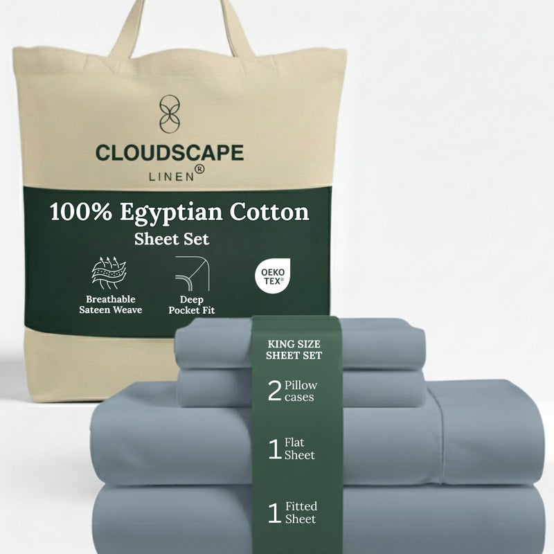 CloudScape Linen Cloud Scape Linen 100% Egyptian Cotton Sheets King Size, 4 Pieces Breathable and Naturally Cooling Bedding Set, Long-Staple Cotton for Ultra Soft, Deep Pocket Fitted up to 16â€ King Sheet, French Blue - Image 1
