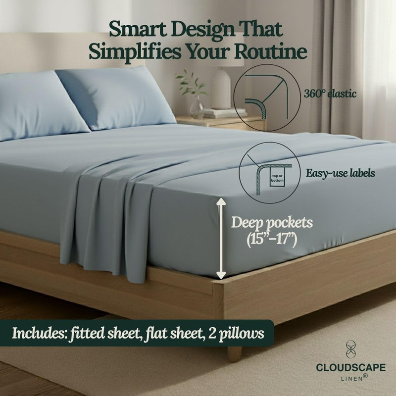 CloudScape Linen Cloud Scape Linen 100% Egyptian Cotton Sheets King Size, 4 Pieces Breathable and Naturally Cooling Bedding Set, Long-Staple Cotton for Ultra Soft, Deep Pocket Fitted up to 16â€ King Sheet, French Blue - Image 4
