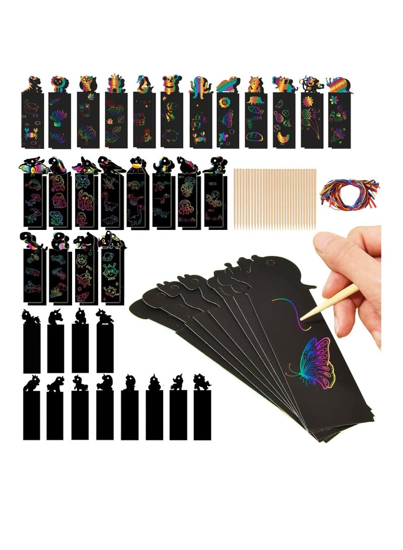 SYOSI Scratch Art Magic Rainbow Bookmarks for Kids Children, Animal Craft DIY Paper Scratch Art Gift Tags with 60 Colorful Ropes and 30 Stylus for Classroom Gifts, Party Bags Filler for Kids (60Pcs) - Image 1