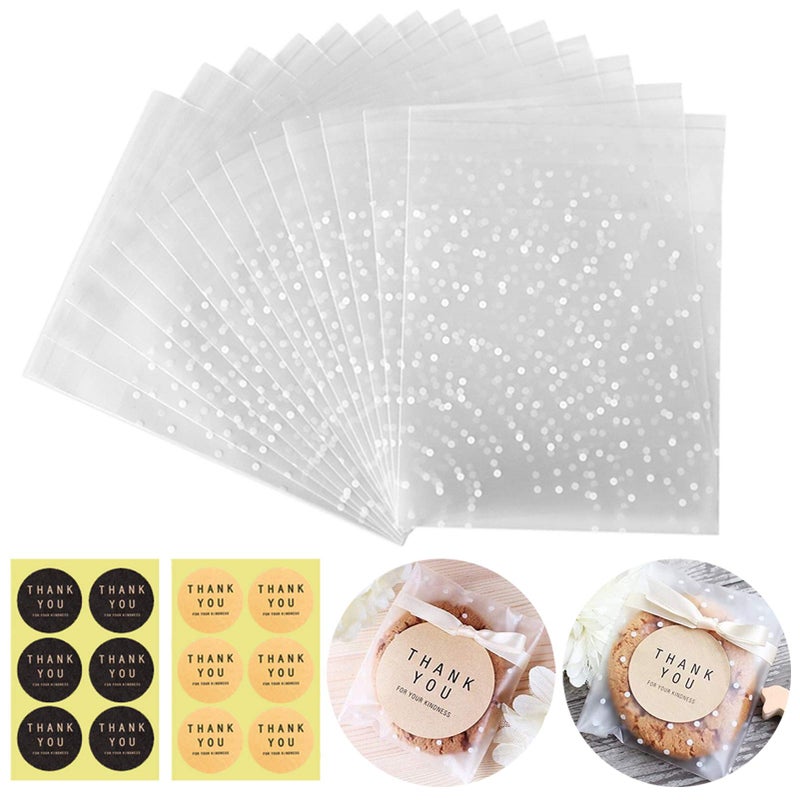 Self Adhesive Cookie Cellophane Treat Bags with Seal 4x4 Inches 4 Mils Self Sealing Resealable Plastic Packaging Bags with Thank You Labels for Gift Giving Party Favor Bakery Candy Chocolate 100 Pcs