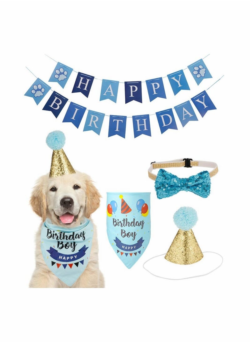إسكدنيا Dog Birthday Bandana Bow Tie Scarf with Dog Birthday Party Hat Happy Birthday Banner - Image 1