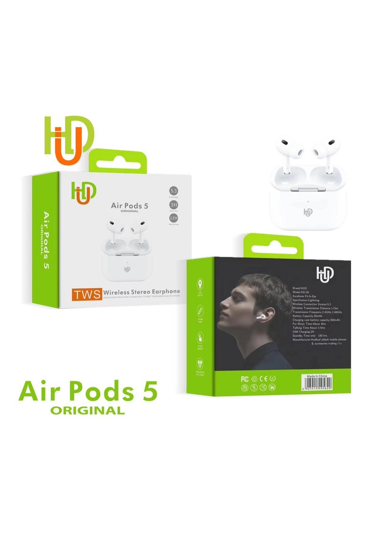 HD Air Pods 5 Original TWS Wireless Stereo Earphones Bluetooth 5.3 In-Ear Earbuds with Charging Case White