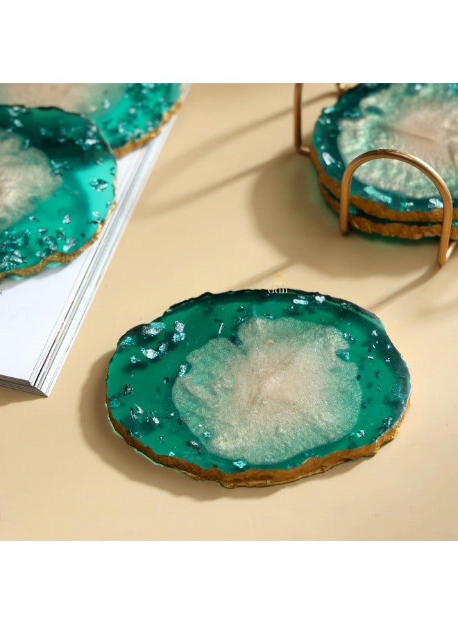 DULI Resin Coasters Set of 6 with Stand - Bar Wine Coasters for Table - Set of 6 Classy Yet Stylist Handmade Marble Stone Coaster Set with Holder (ResinCoasterW/G-Stand:GreenMetallicFlake) - Image 2