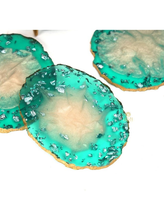 DULI Resin Coasters Set of 6 with Stand - Bar Wine Coasters for Table - Set of 6 Classy Yet Stylist Handmade Marble Stone Coaster Set with Holder (ResinCoasterW/G-Stand:GreenMetallicFlake) - Image 5