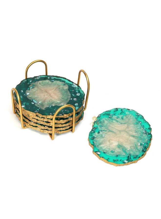 DULI Resin Coasters Set of 6 with Stand - Bar Wine Coasters for Table - Set of 6 Classy Yet Stylist Handmade Marble Stone Coaster Set with Holder (ResinCoasterW/G-Stand:GreenMetallicFlake) - Image 3