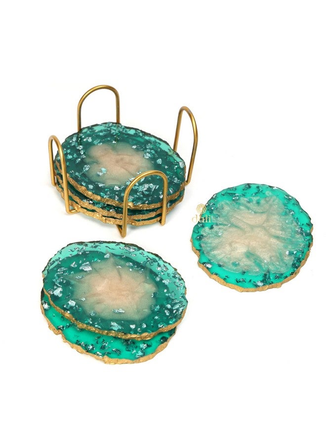 DULI Resin Coasters Set of 6 with Stand - Bar Wine Coasters for Table - Set of 6 Classy Yet Stylist Handmade Marble Stone Coaster Set with Holder (ResinCoasterW/G-Stand:GreenMetallicFlake) - Image 4