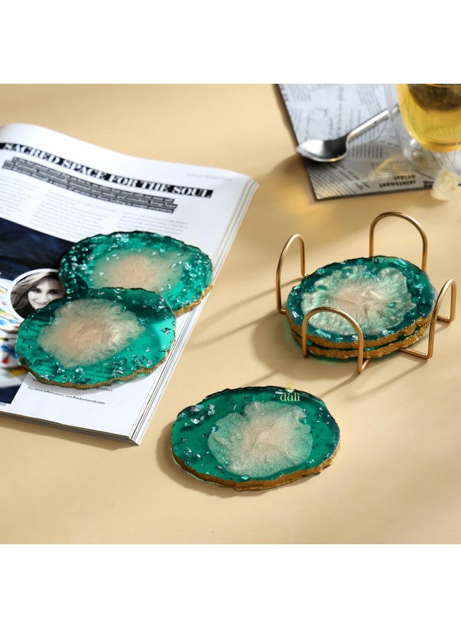 DULI Resin Coasters Set of 6 with Stand - Bar Wine Coasters for Table - Set of 6 Classy Yet Stylist Handmade Marble Stone Coaster Set with Holder (ResinCoasterW/G-Stand:GreenMetallicFlake) - Image 1
