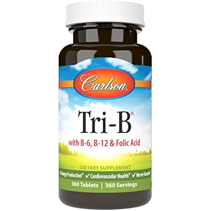 Carlson - Tri-B, Vitamin B Complex, 25 mg Vitamin B-6, 400 mcg Vitamin B-12, Folic Acid Energy Pills, Promote Cardiovascular Health, B Complex Vitamins, B12 Supplement, B Vitamin Complex, 360 Tablets - Image 1