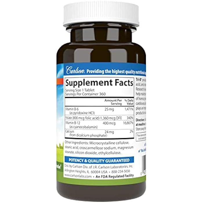 Carlson - Tri-B, Vitamin B Complex, 25 mg Vitamin B-6, 400 mcg Vitamin B-12, Folic Acid Energy Pills, Promote Cardiovascular Health, B Complex Vitamins, B12 Supplement, B Vitamin Complex, 360 Tablets - Image 2