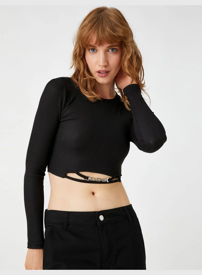 KOTON Crop T-Shirt Metal Accessory Detail Cut Out Detail