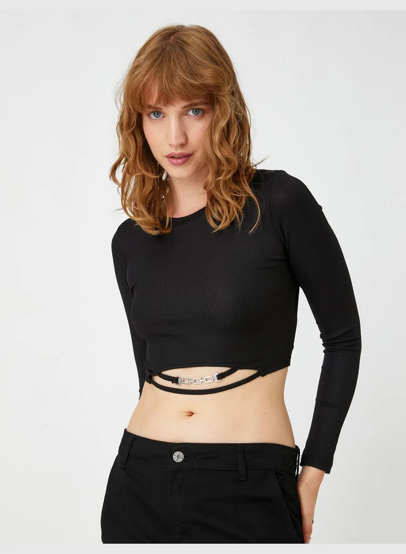 KOTON Crop T-Shirt Metal Accessory Detail Cut Out Detail