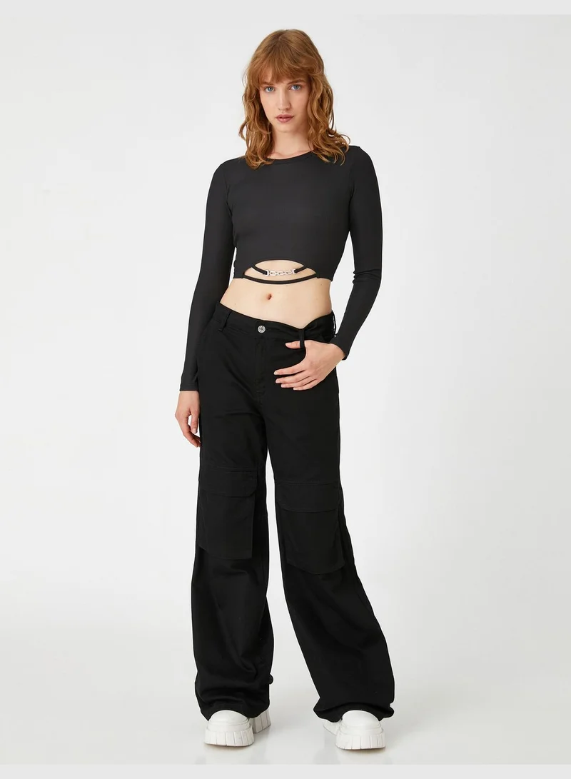 KOTON Crop T-Shirt Metal Accessory Detail Cut Out Detail