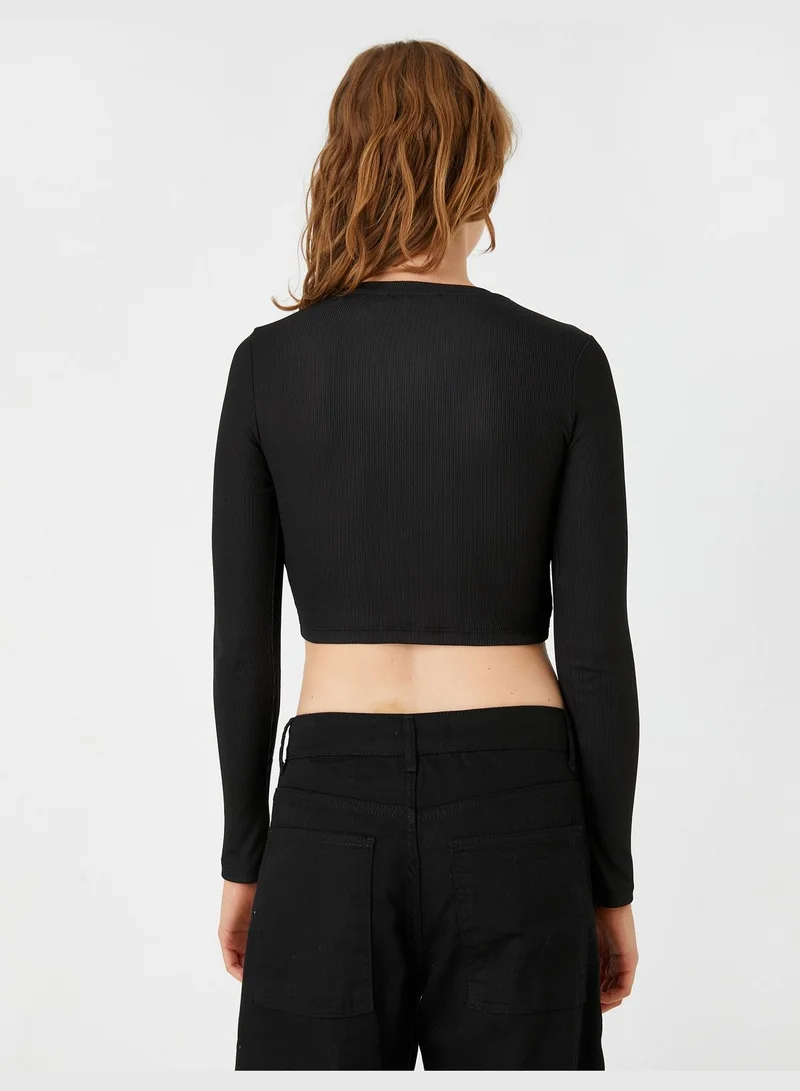 KOTON Crop T-Shirt Metal Accessory Detail Cut Out Detail