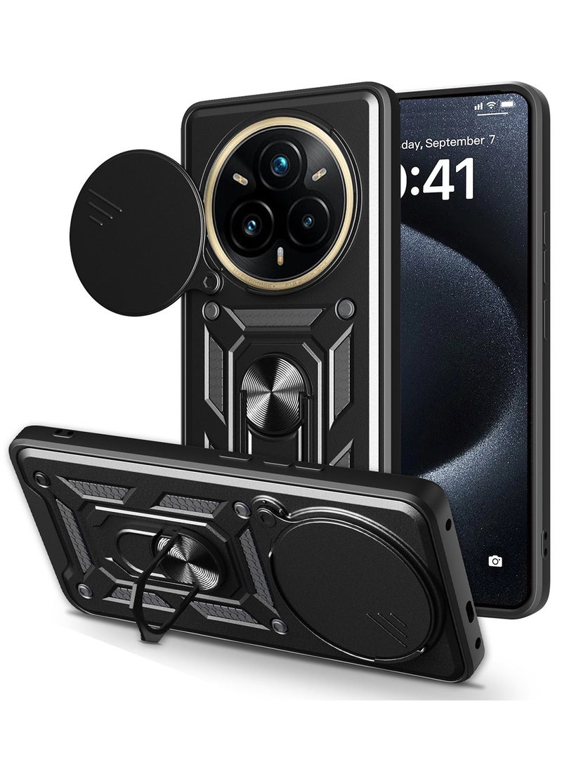 for realme 14 Pro+ 5G Case Cover, Slide Camera Lens Cover, Magnetic Ring Holder Kickstand Protective Phone Case for realme 14 Pro+ 5G, Black - Image 1