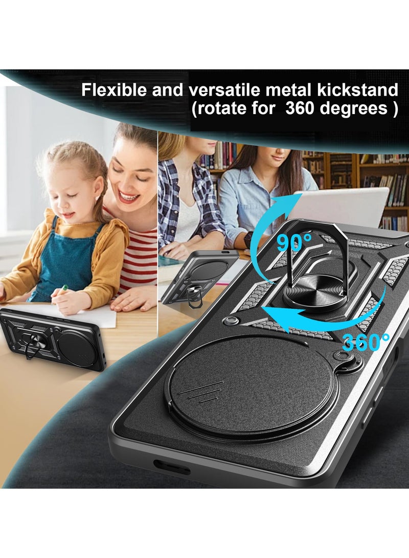 for realme 14 Pro+ 5G Case Cover, Slide Camera Lens Cover, Magnetic Ring Holder Kickstand Protective Phone Case for realme 14 Pro+ 5G, Black - Image 2
