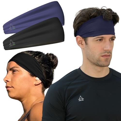 Temple Tape Mens Headband Guys Sports Headbands Moisture Wicking Workout Sweatbands for Running CrossTrain Skiing and Bike Helmet Friendly Value Pack 1Black 1Navy Sweatband - Image 1