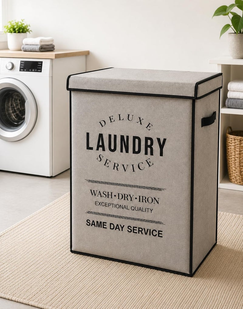 65L Large Laundry Hamper with Lid, Premium 80 GSM Non-Woven Fabric, Reinforced Side Handles, Durable Inner Lining, Foldable Clothes Storage Basket for Laundry, grey - Image 1