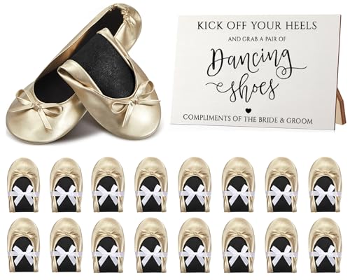 Jecery 24 Pairs Foldable Ballet Flat for Wedding Guests Bulk Women Ballerina Dancing Slippers Party Sign Portable Travel Purse Shoes for Bridesmaid Flats Women Wedding Slippers Gift Champagne Gold - Image 1
