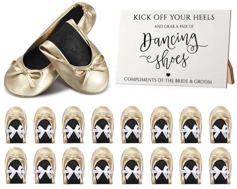 Jecery 24 Pairs Foldable Ballet Flat for Wedding Guests Bulk Women Ballerina Dancing Slippers Party Sign Portable Travel Purse Shoes for Bridesmaid Flats Women Wedding Slippers Gift Champagne Gold - Image 2