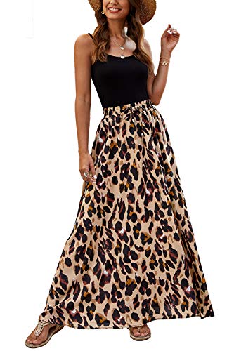 Bluetime Women Casual Leopard Print Boho Long Skirts Pleated High Waisted Lightweight Maxi Summer Skirts (M, Floral3) - Image 1