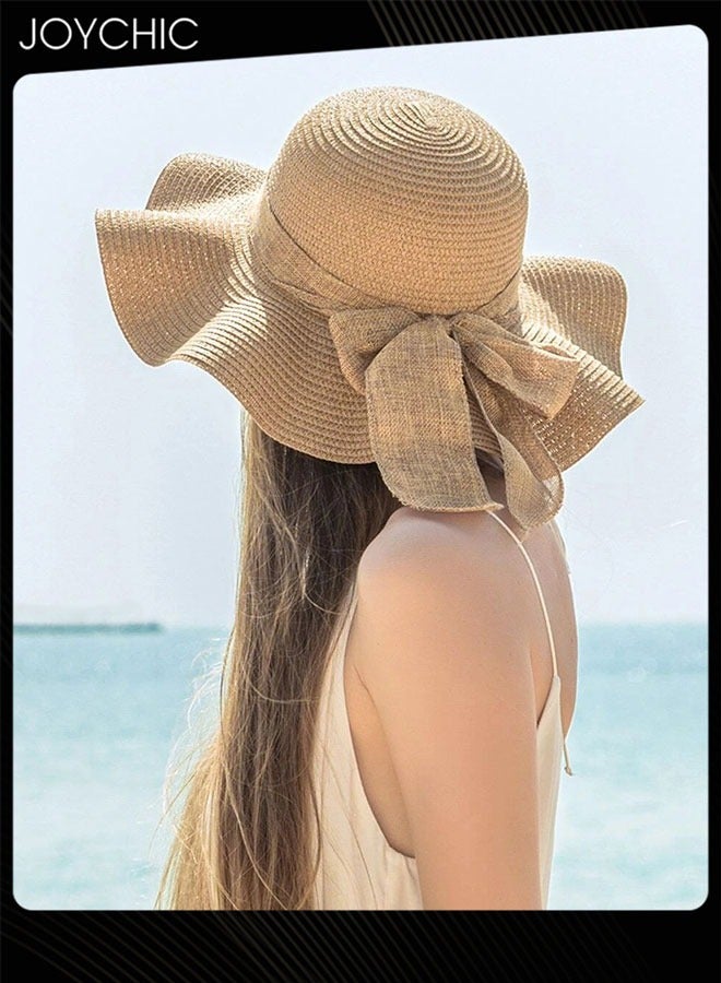 Joychic قبعة شاطئية نسائية مصنوعة من القش ذات حواف عريضة لحماية من الشمس قابلة للطي وسهلة الحمل لفصلي الربيع والصيف - Image 1