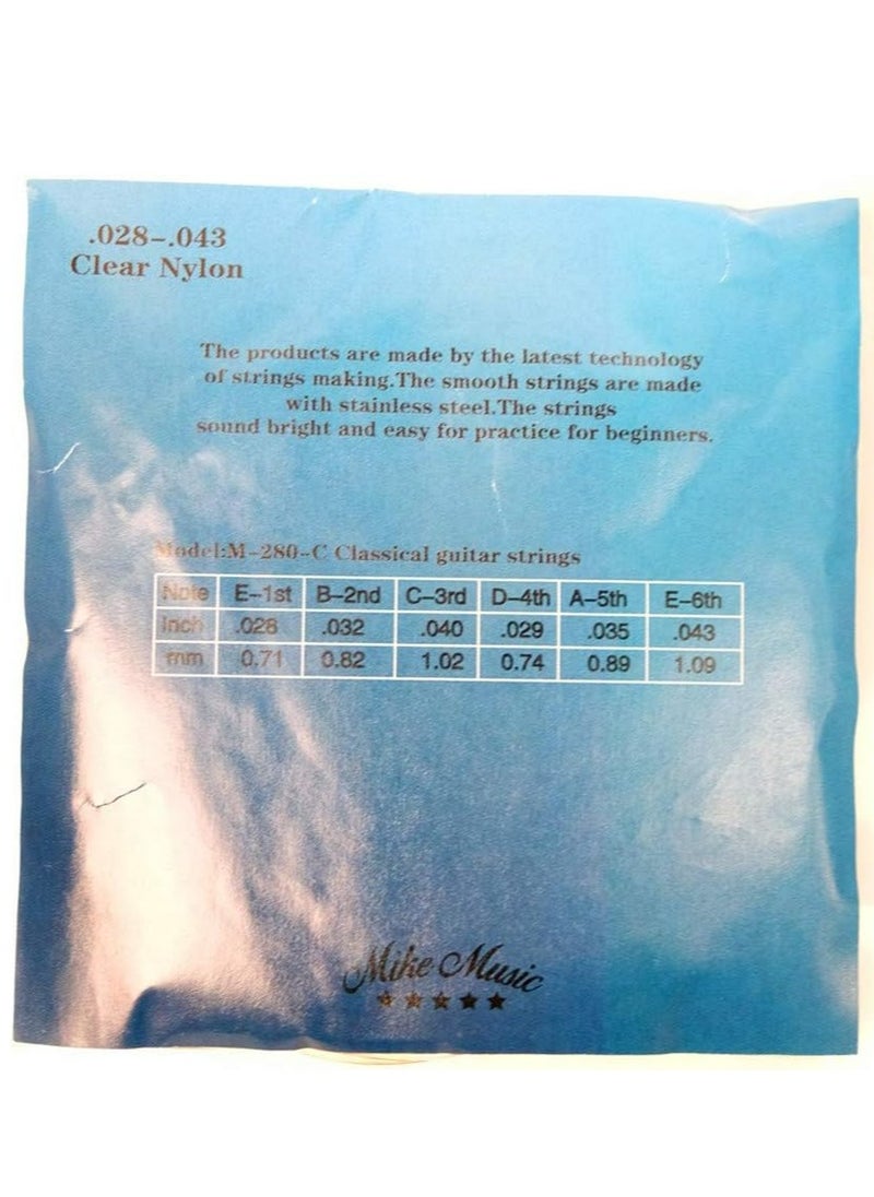 Mike Music - Classical Guitar Strings 1 Set M-280-C Classic Guitar 6 Strings Clear Nylon Normal Tension 28-43 Gauge with Anti-Rust Coating, Silver Plated Wrap - Image 1