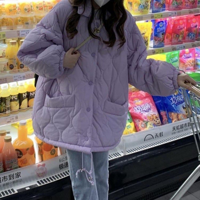 Womens Thickened Cotton Jacket Loose Casual Style Winter Outerwear Purple Lotus Seed Design City Commute Fashion 2023 Taro purple (drawstring) 