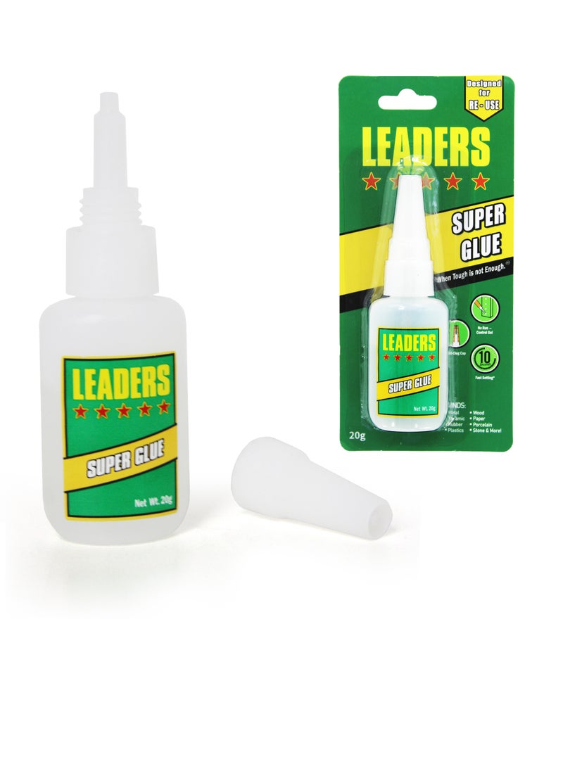 Leaders - LEADERS Instant Super Glue 20g – Extra Strong, Fast-Drying Adhesive for Metal, Plastic, Ceramic, Rubber, Paper, Porcelain, Stone – All-Purpose Repair Glue - Image 1