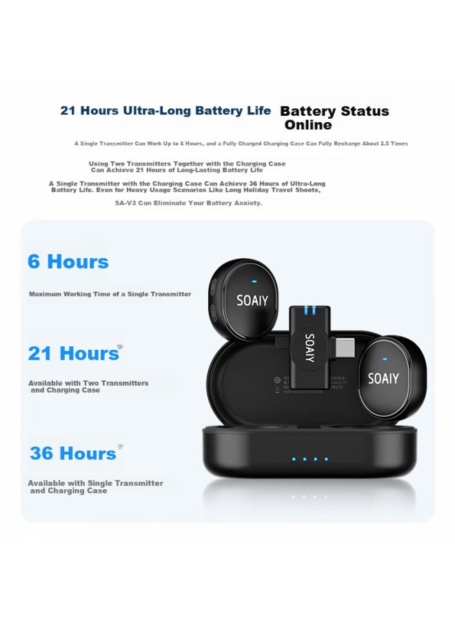 Soaiy V3 Wireless Lavalier Microphone Clip-on Mic Recording Device Short Video Outdoor Tiktok K-song Professional Noise Reduction Portable Wireless Microphone One-to-two Ios Version