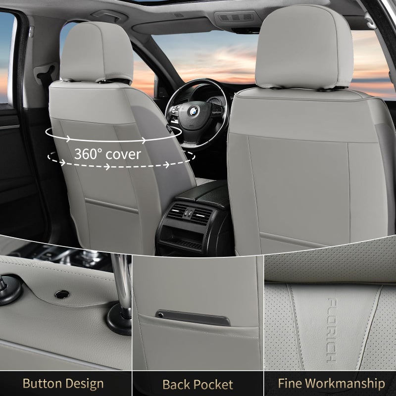FLORICH Car Seat Covers Full Set Leather Seat Cover for Cars Full Coverage Seat Cover Waterproof Universal Seat Cover for Cars Seats Protector Cushion Universal Fit for Most Cars SUV Trucks, Gray - Image 3