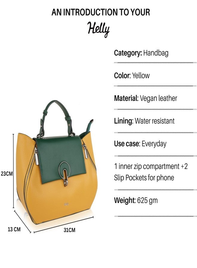 HELLY Women’s Structured Flap Handbag with Sling Strap | Premium Vegan Leather Shoulder & Crossbody Bag with Multiple Pockets (Yellow) - Image 3