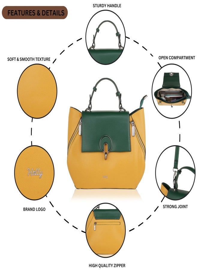 HELLY Women’s Structured Flap Handbag with Sling Strap | Premium Vegan Leather Shoulder & Crossbody Bag with Multiple Pockets (Yellow) - Image 4