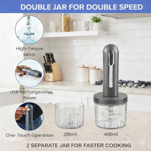 Goodscity Portable Mini Electric Chopper| Dual Bowls 400ml & 200ml| Rechargeable Cutter for Kitchen, Babyfood| Vegetable Cutter for Garlic,Ginger,Onion,Nuts|1300mAh Strong Battery| 1 Year Warranty - Image 3