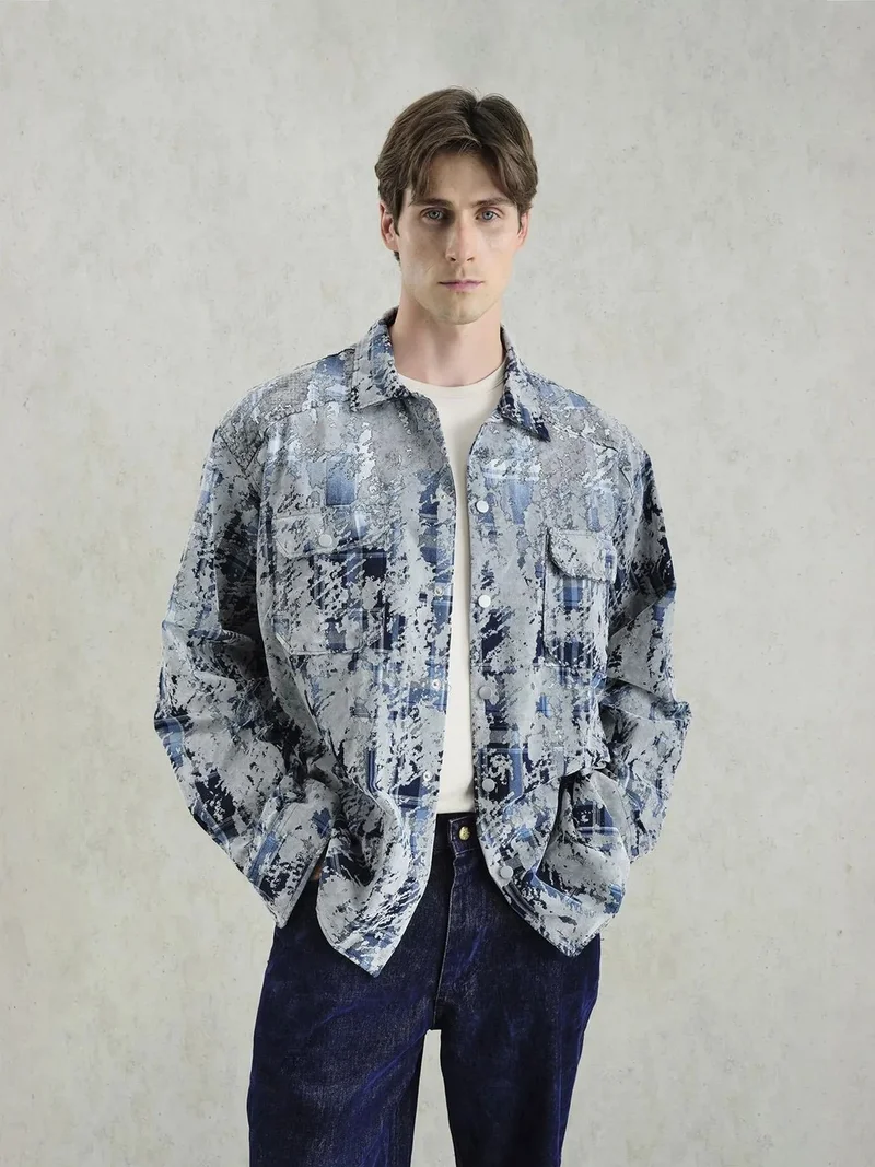 Giesto Grey GIESTO Patterned Button-Up Shirt with Pocket for Men | Best Price UAE