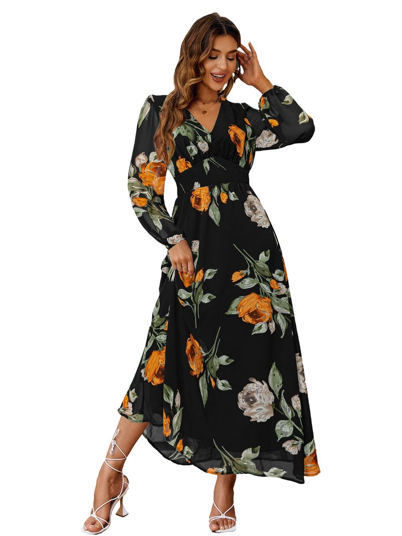 Simplee Apparel Simplee Women Casual Boho Floral Maxi Dress V Neck Long Sleeve Wedding Guest Dress Flowy Holiday Beach Empire Waist Long Dresses (Small Black) - Image 1