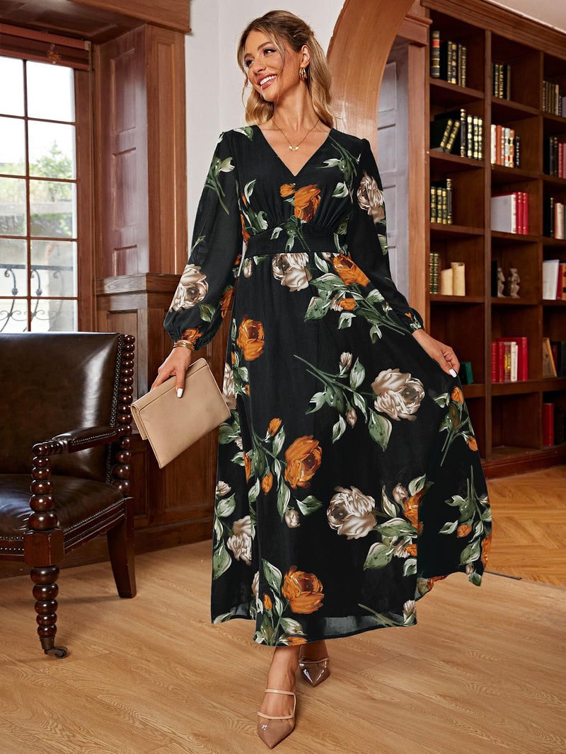 Simplee Apparel Simplee Women Casual Boho Floral Maxi Dress V Neck Long Sleeve Wedding Guest Dress Flowy Holiday Beach Empire Waist Long Dresses (Small Black) - Image 3