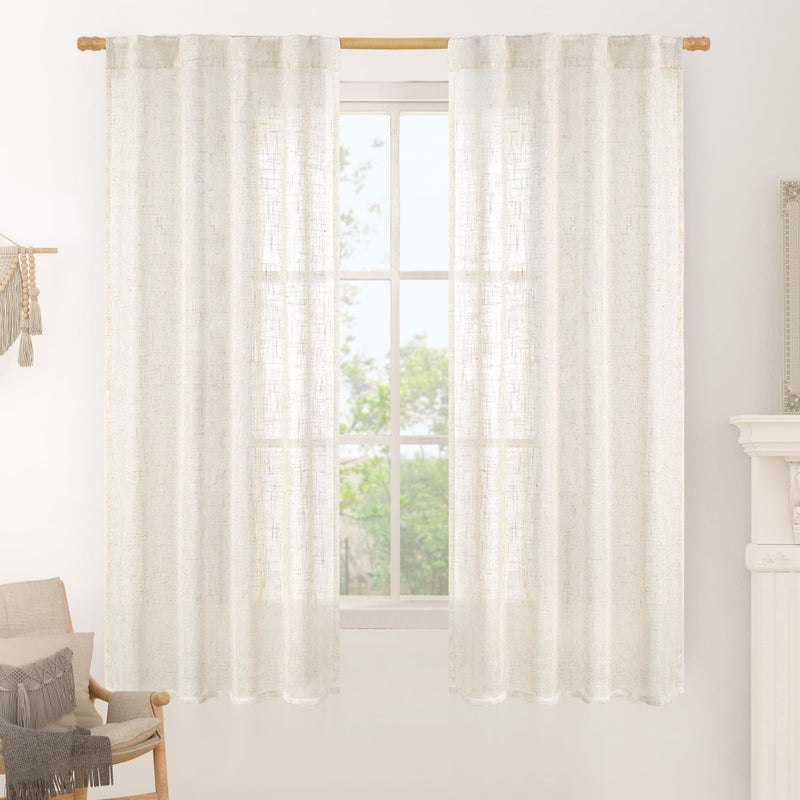 LAMIT 60 Inch Length Window Linen Curtains, Light Filtering Panels Back Tab and Rod Pocket Neutral Drapes for Bedroom/Living Room, Cream, 2 Panels, 34 x 60 Inch - Image 1