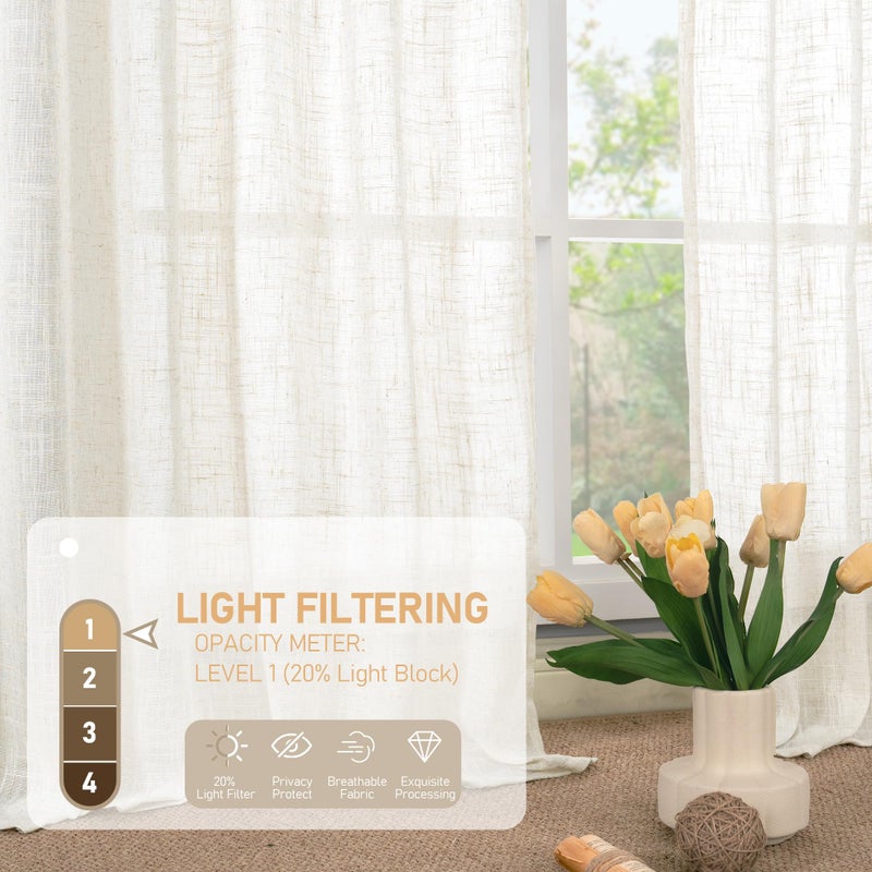 LAMIT 60 Inch Length Window Linen Curtains, Light Filtering Panels Back Tab and Rod Pocket Neutral Drapes for Bedroom/Living Room, Cream, 2 Panels, 34 x 60 Inch - Image 4