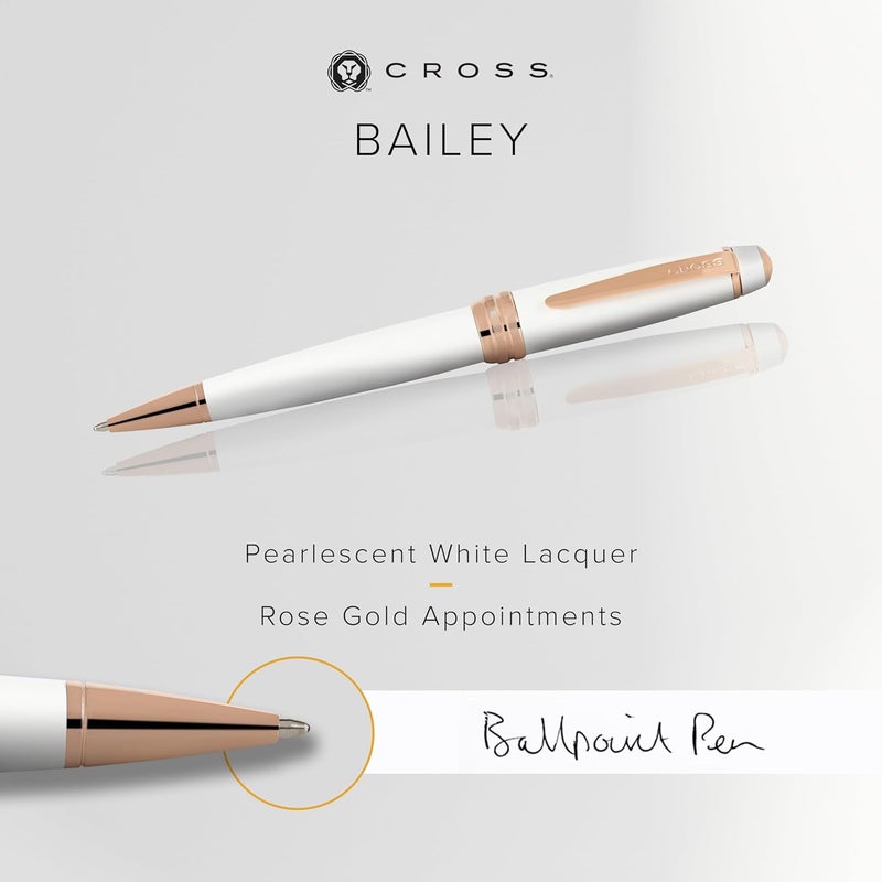 Cross Bailey Refillable Ballpoint Pen Presented in a Premium Gift Box - Medium Point, Black Ink, White & Rose Gold - Image 2