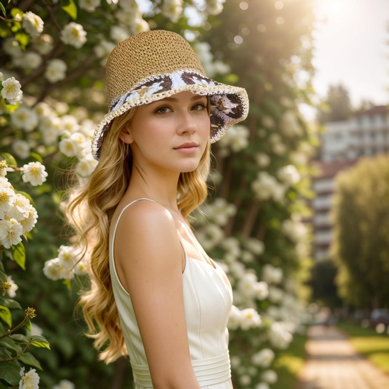 Askljeby Womens Sun Hats Wide Brim Summer Beach Hat for Women Foldable Travel Fedora Handmade Crochet Straw Hat Packable UPF50, Floral-4 - Image 3