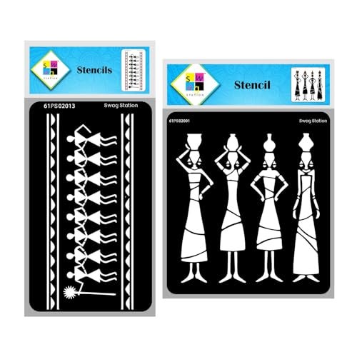 SWAGSTATION Tribal Dance Warli Art Stencil - 6x6 Inches 2 Reusable DIY Stencils for Painting on Canvas and Wall - Craft Stencil - Image 1
